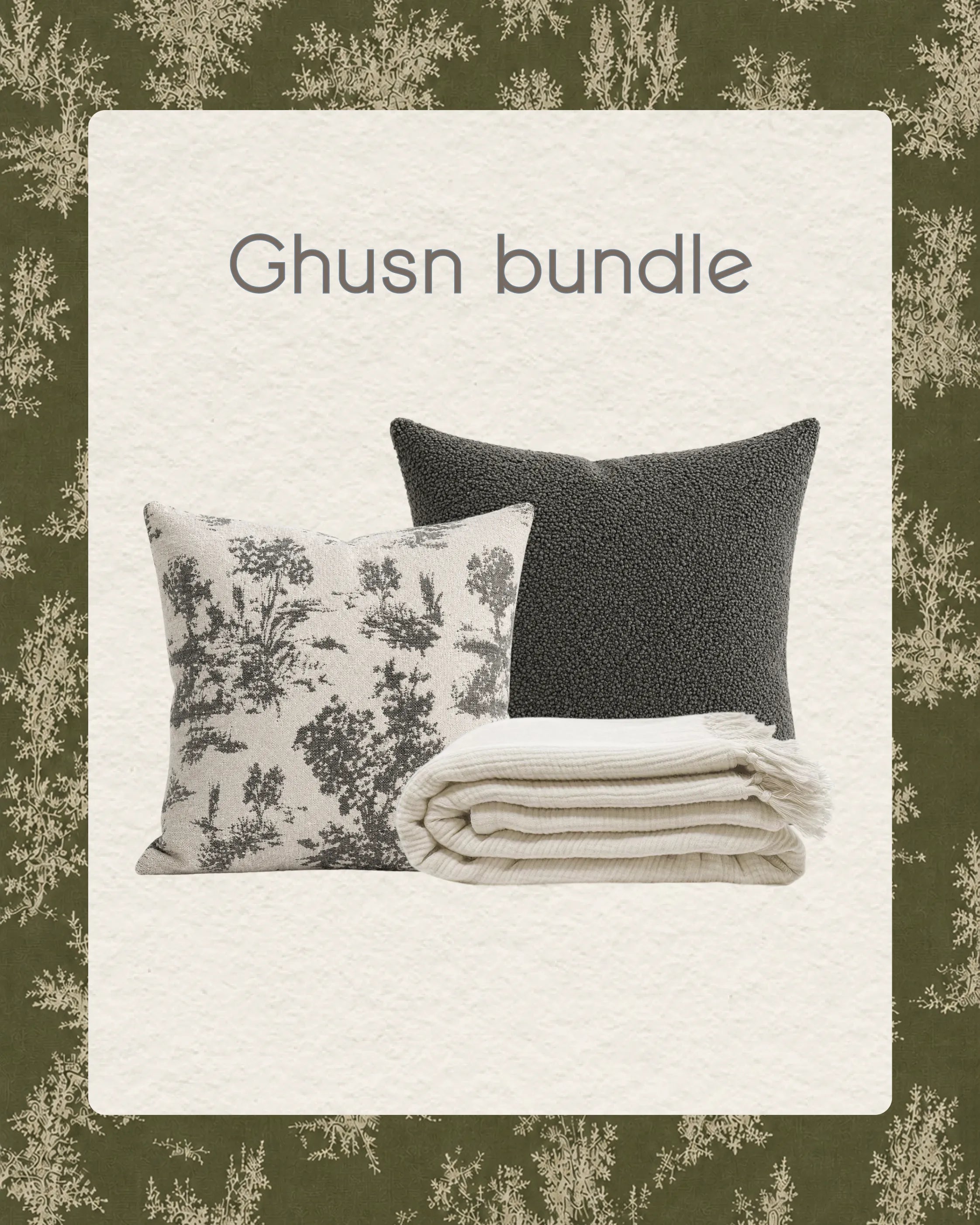 Ghusn bundle with two pillows and a blanket on a decorative background