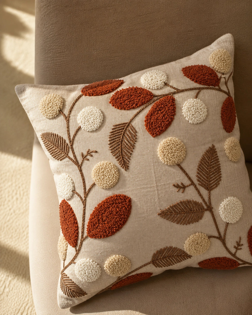 Ember Leaves Embroidered Cushion